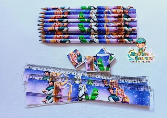 45 Kits Lápis, Régua e Borracha Personalizado Rapunzel