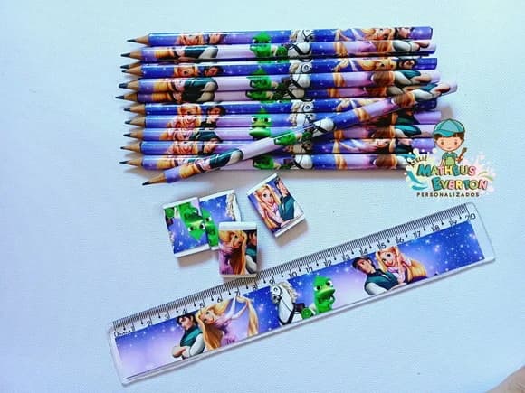 30 Kits Lápis, Régua e Borracha Personalizado Rapunzel