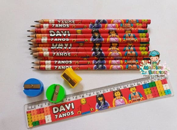 30 Kits Lápis, Régua, e Apontador Lego Atu