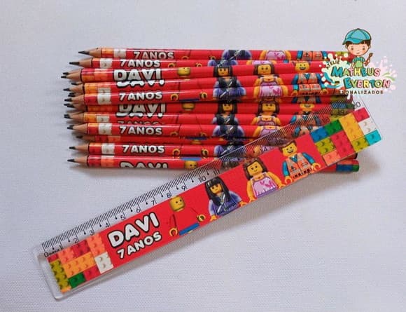 25 Kits Lápis e Régua Personalizado Lego Atu