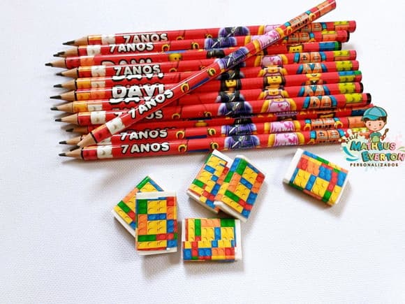 35 Kits Lápis e Borracha Personalizado Lego Atu