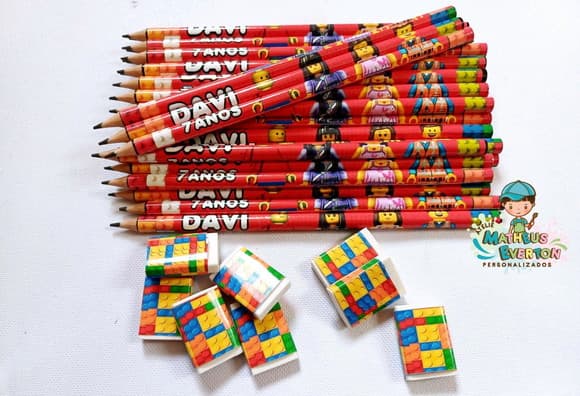 40 Kits Lápis e Borracha Personalizado Lego Atu
