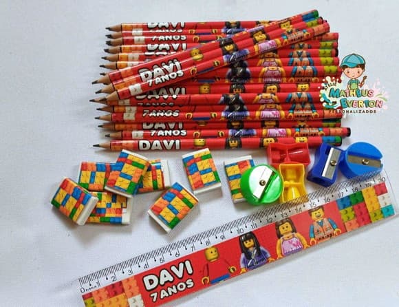 35 Kits Lápis, Régua, Borracha e Apontador Lego Atu