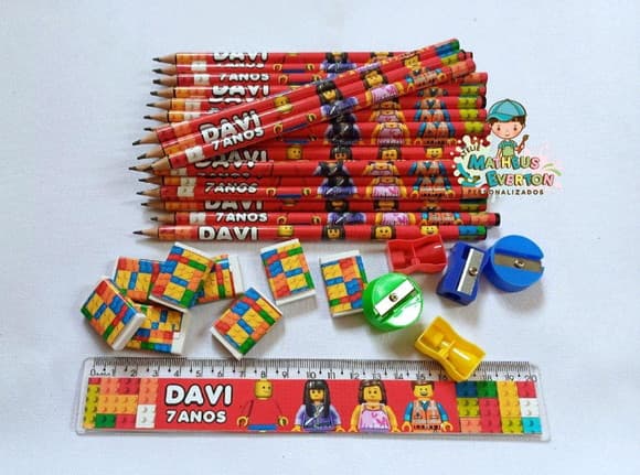 30 Kits Lápis, Régua, Borracha e Apontador Lego Atu