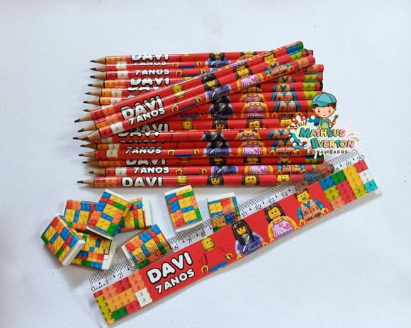 50 Kits Lápis, Régua e Borracha Personalizado Lego Atu
