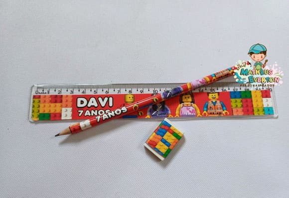 50 Kits Lápis, Régua e Borracha Personalizado Lego Atu