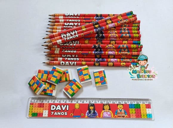 45 Kits Lápis, Régua e Borracha Personalizado Lego Atu