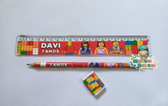 40 Kits Lápis, Régua e Borracha Personalizado Lego Atu
