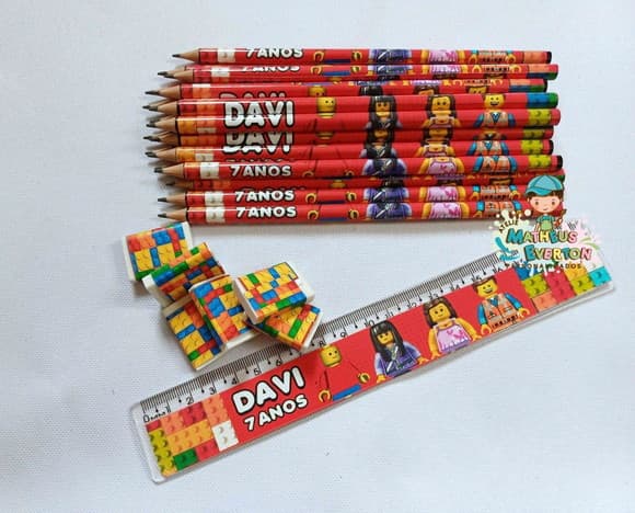 25 Kits Lápis, Régua e Borracha Personalizado Lego Atu