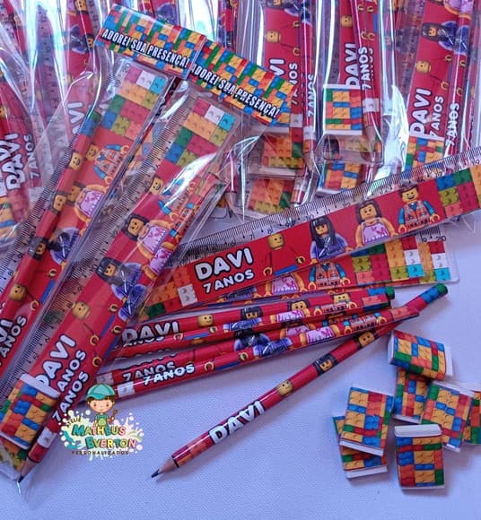 45 Kits Lápis, Régua e Borracha Personalizado Lego