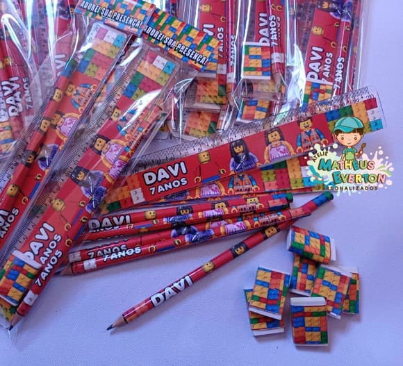 50 Kits Lápis, Régua e Borracha Personalizado Lego