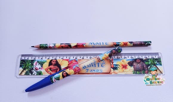 30 Kits Lápis, Caneta e Regua Personalizado Moana