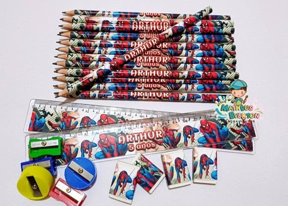 35 Kits Lápis, Borracha, Régua e Apontador Homem Aranha
