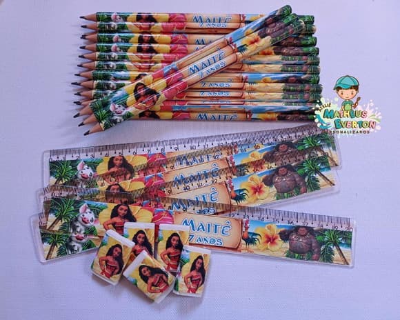 30 Kits Lápis, Régua e Borracha Personalizado Moana
