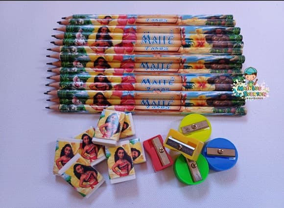 45 Kits Lápis, Borracha e Apontador Personalizado Moana