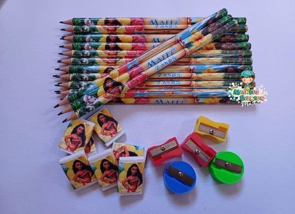 50 Kits Lápis, Borracha e Apontador Personalizado Moana