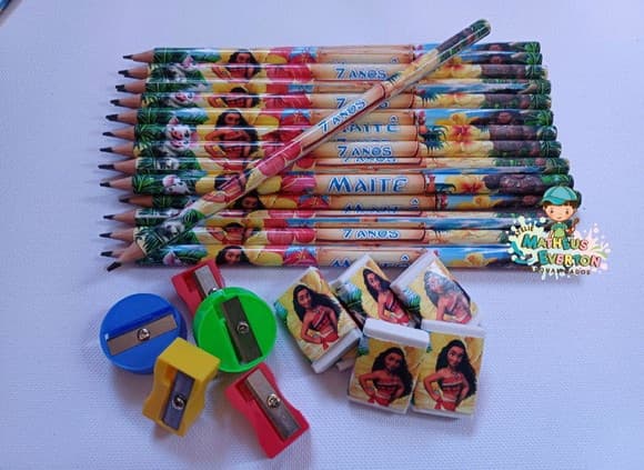 25 Kits Lápis, Borracha e Apontador Personalizado Moana