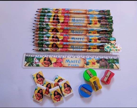 25 Kits Lápis, Borracha, Régua e Apontador Moana