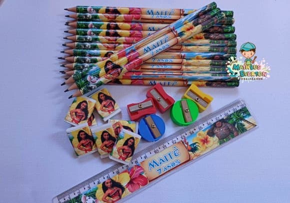 30 Kits Lápis, Borracha, Régua e Apontador Moana