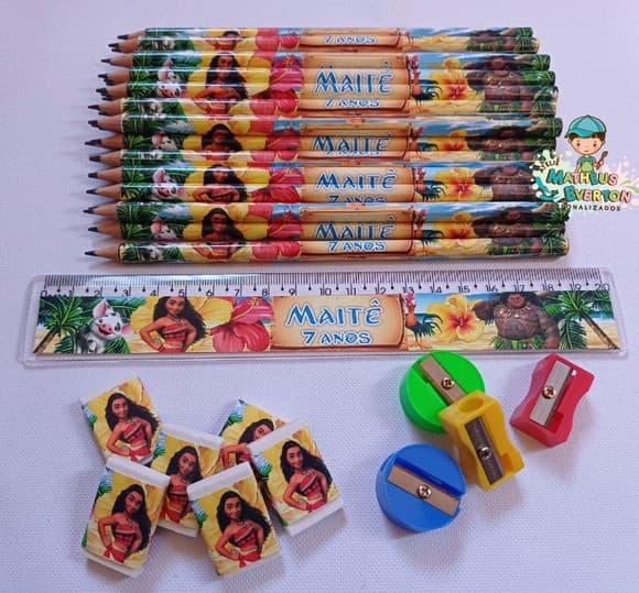 50 Kits Lápis, Borracha, Régua e Apontador Moana