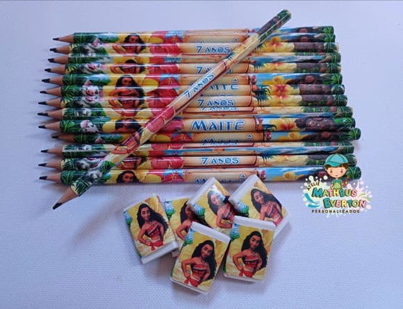 50 Kits Lápis e Borracha Personalizado Moana