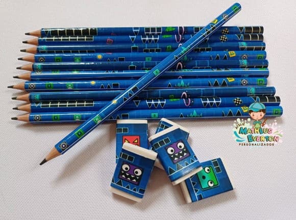 40 Kits Lápis e Borracha Personalizado Geometry Dash