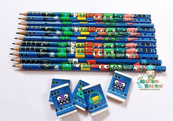 50 Kits Lápis e Borracha Personalizado Geometry Dash
