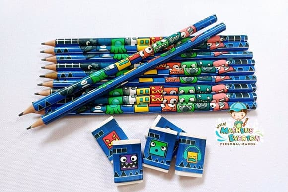 30 Kits Lápis e Borracha Personalizado Geometry Dash