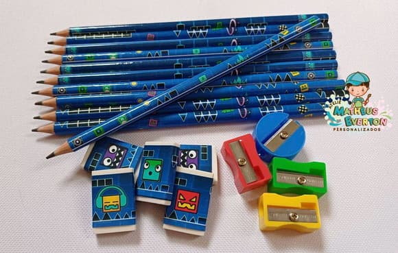 50 Kits Lápis, Borracha e Apontador Geometry Dash 8