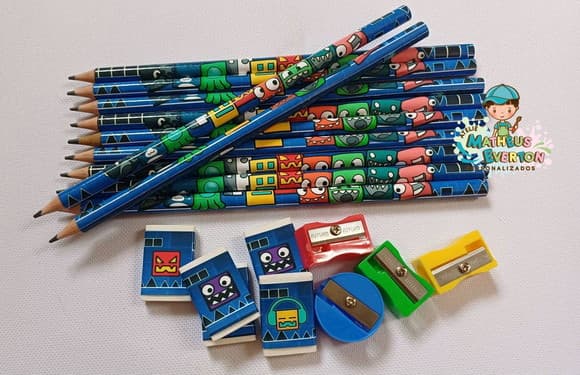 50 Kits Lápis, Borracha e Apontador Geometry Dash 8