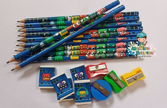 35 Kits Lápis, Borracha e Apontador Geometry Dash