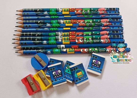 25 Kits Lápis, Borracha e Apontador Geometry Dash