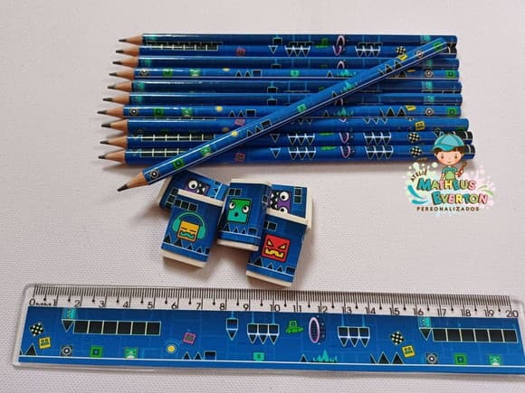 25 Kits Lápis, Régua e Borracha Personalizado Geometry Dash