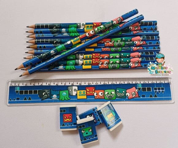 45 Kits Lápis, Régua e Borracha Personalizado Geometry Dash