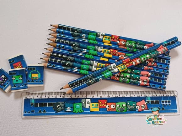 40 Kits Lápis, Régua e Borracha Personalizado Geometry Dash