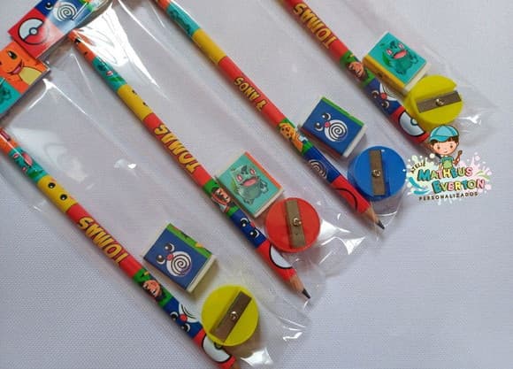 25 Kits Lápis, Borracha e Apontador Personalizado Pokémon