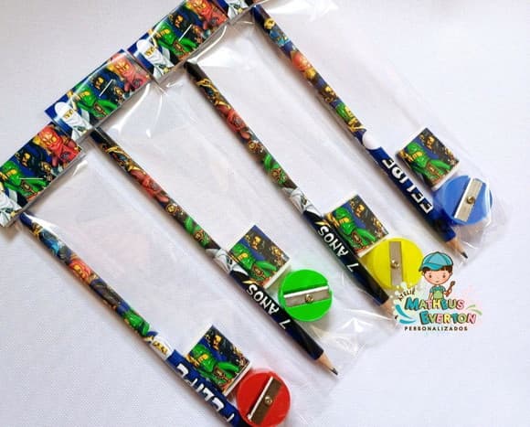 35 Kits Lápis, Borracha e Apontador Personalizado Ninjago
