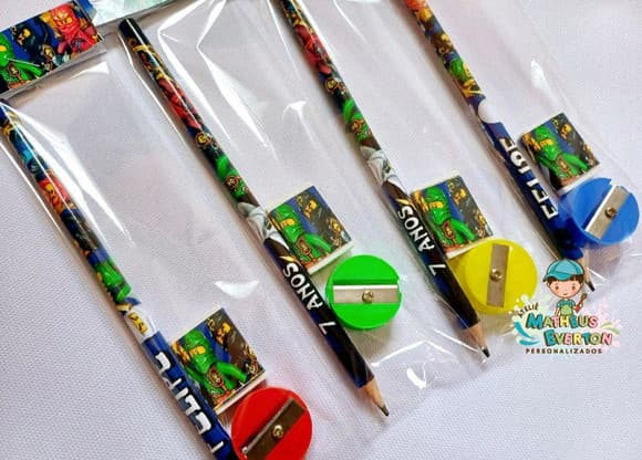 40 Kits Lápis, Borracha e Apontador Personalizado Ninjago