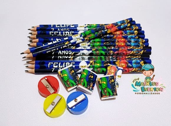 40 Kits Lápis, Borracha e Apontador Personalizado Ninjago