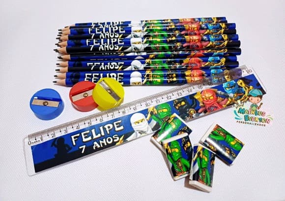 50 Kits Lápis, Borracha, Régua e Apontador Ninjago