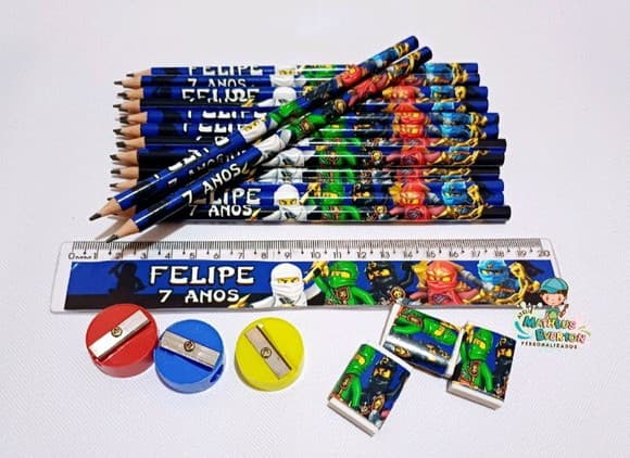 45 Kits Lápis, Borracha, Régua e Apontador Ninjago