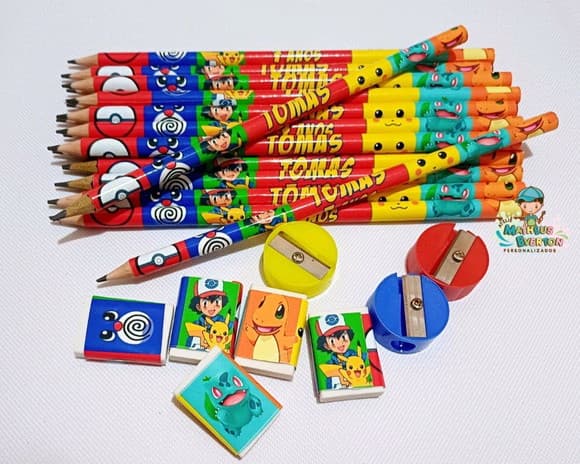 45 Kits Lápis, Borracha e Apontador Personalizado Pokémon