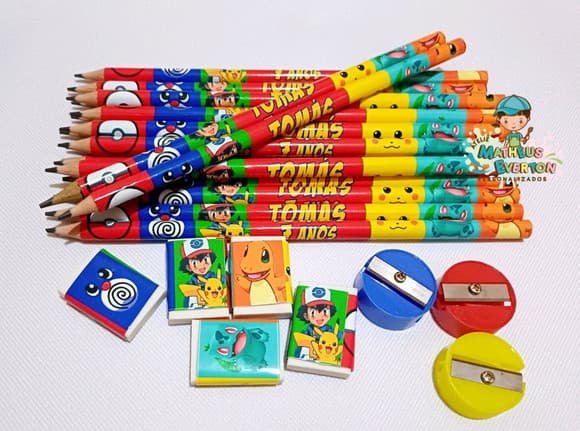 35 Kits Lápis, Borracha e Apontador Personalizado Pokémon