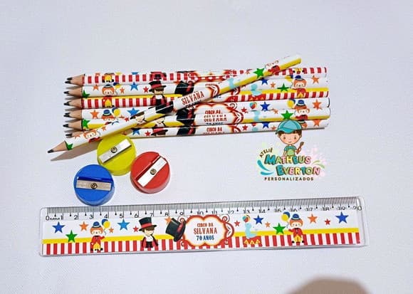 50 Kits Lápis, Régua e Apontador Personalizado Circo