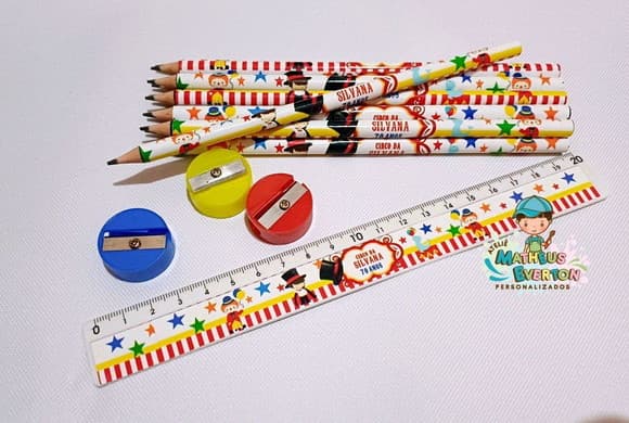 30 Kits Lápis, Régua e Apontador Personalizado Circo