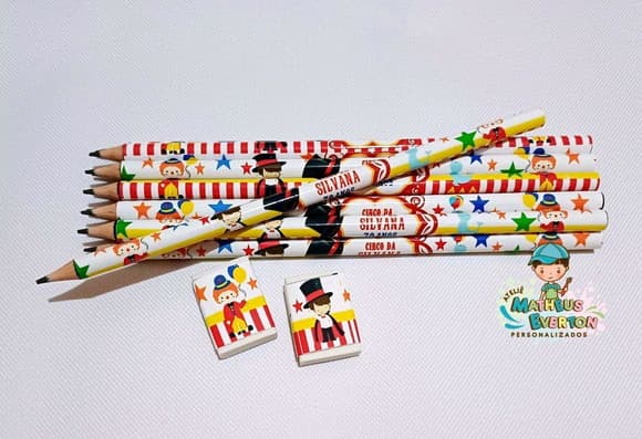 35 Kits Lápis e Borracha Personalizado Circo