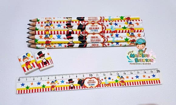 50 Kits Lápis, Régua e Borracha Personalizado Circo
