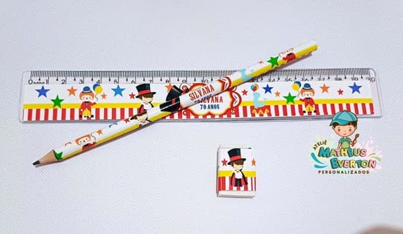 45 Kits Lápis, Régua e Borracha Personalizado Circo