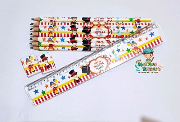 35 Kits Lápis, Régua e Borracha Personalizado Circo