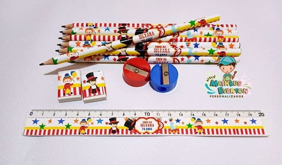 40 Kits Lápis, Borracha, Régua e Apontador Circo